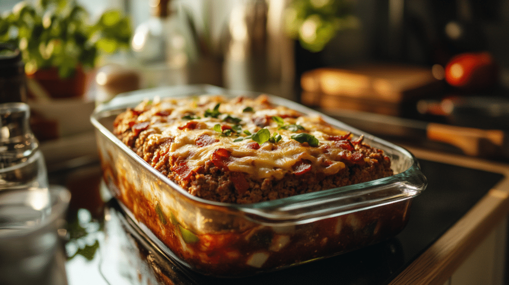 Freshly baked bacon cheeseburger meatloaf topped with crispy bacon and melted cheddar cheese on a serving platter