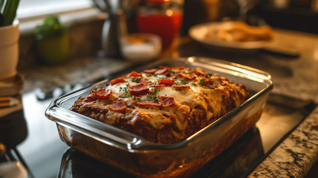 Freshly baked bacon cheeseburger meatloaf topped with crispy bacon and melted cheddar cheese on a serving platter