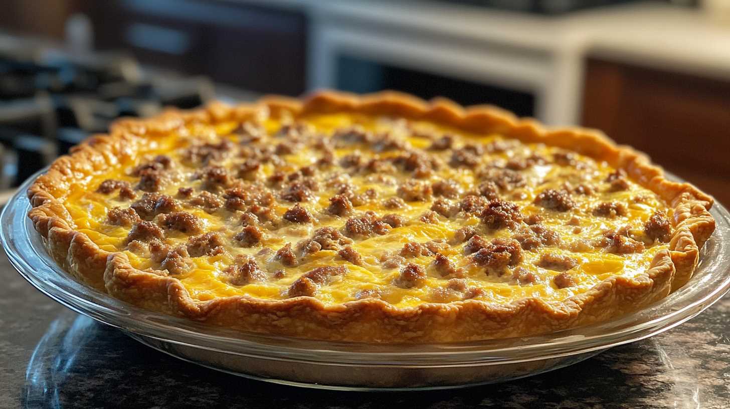 A golden-brown sausage quiche served with a side salad and garnished with fresh parsley