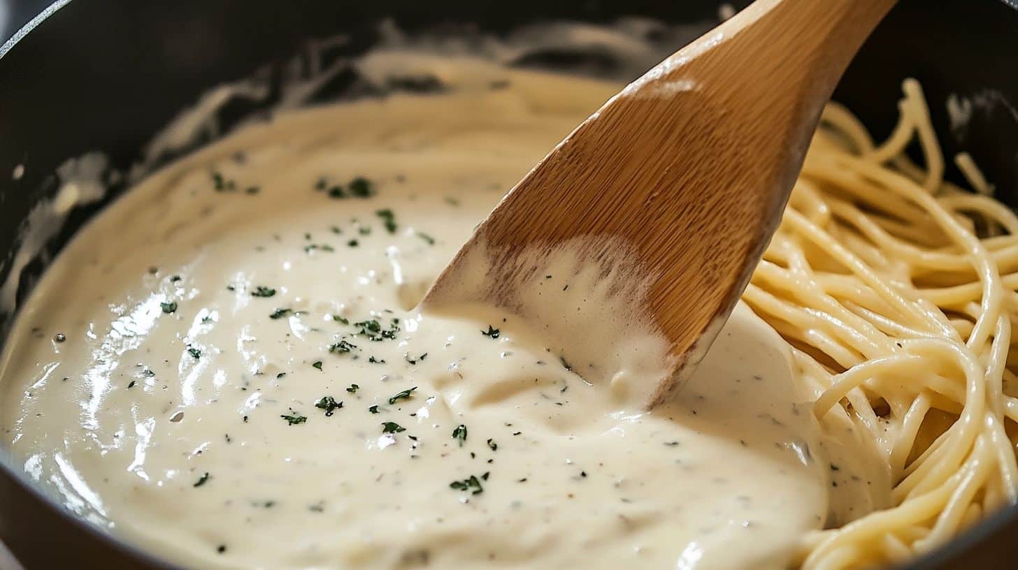 A rich, creamy homemade Alfredo sauce being stirred in a saucepan, ready to be served over pasta