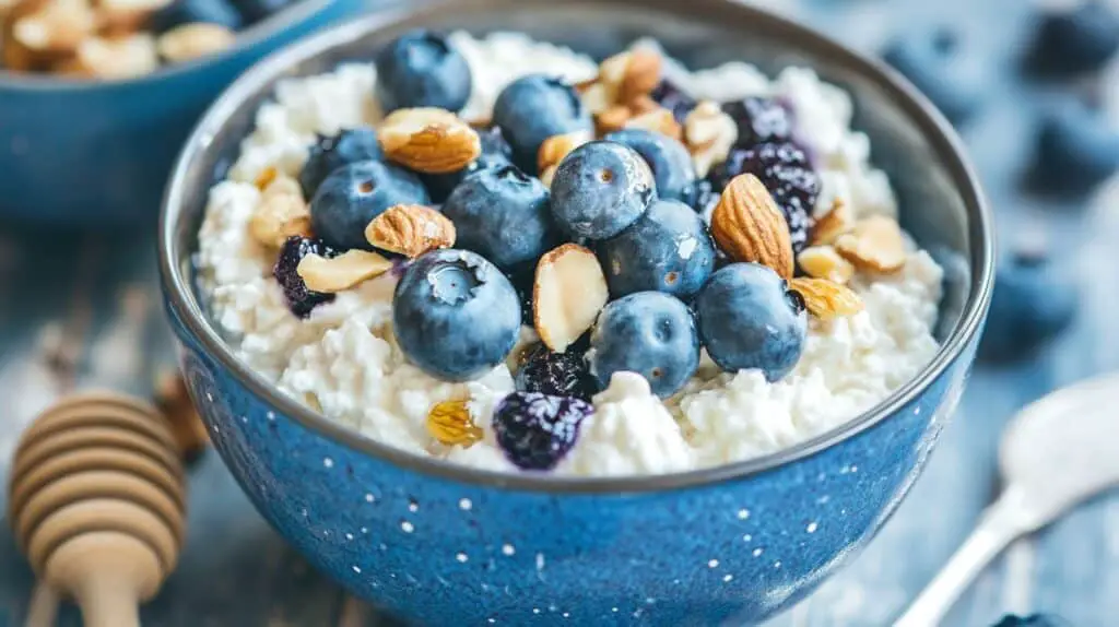 A bowl of creamy cottage cheese topped with fresh blueberries, honey drizzle, and crunchy almonds, served in a white ceramic dish.