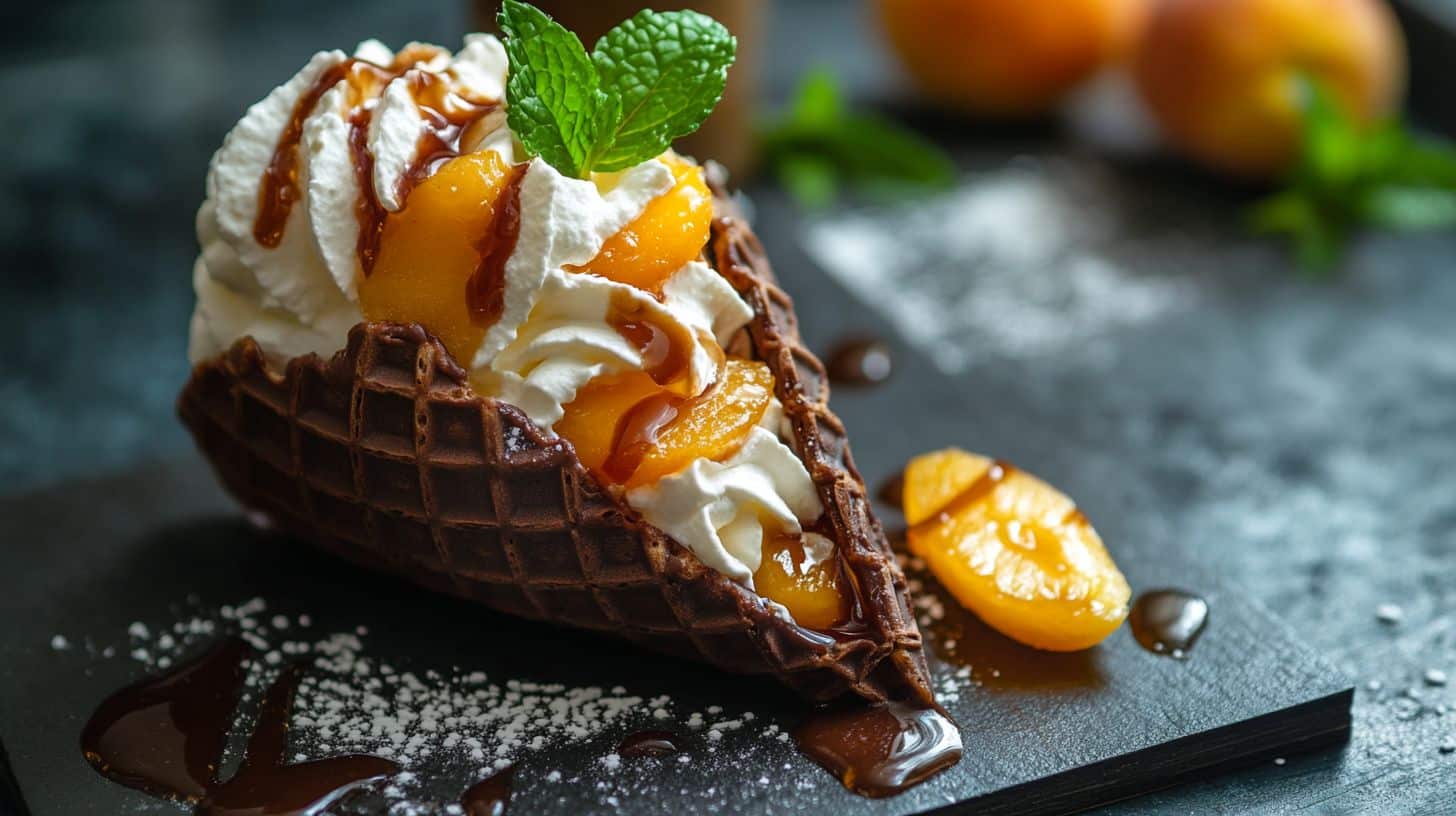 A crisp chocolate cone filled with caramelized peaches and drizzled with honey, served with whipped cream and garnished with mint leaves.