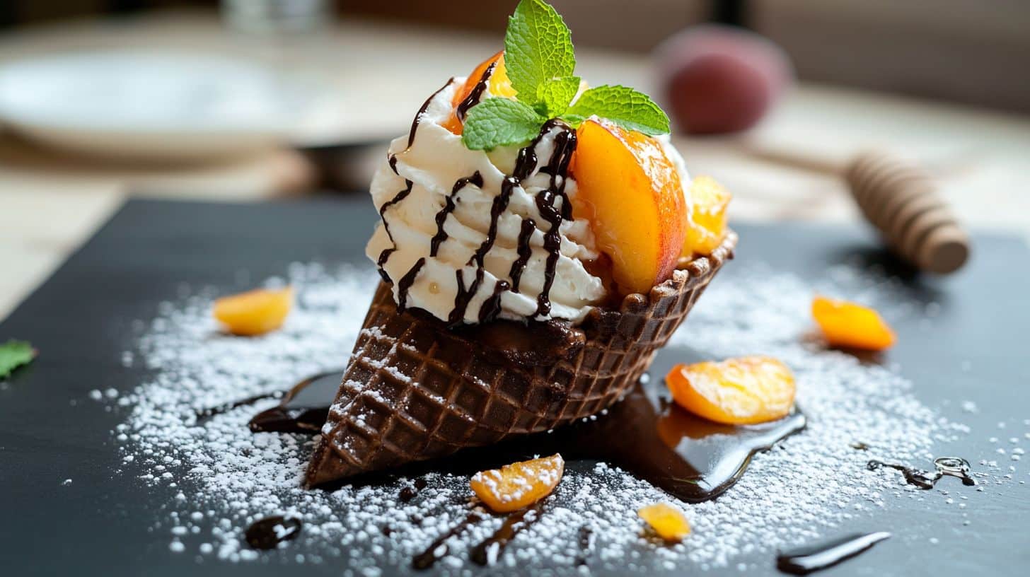 A crisp chocolate cone filled with caramelized peaches and drizzled with honey, served with whipped cream and garnished with mint leaves.