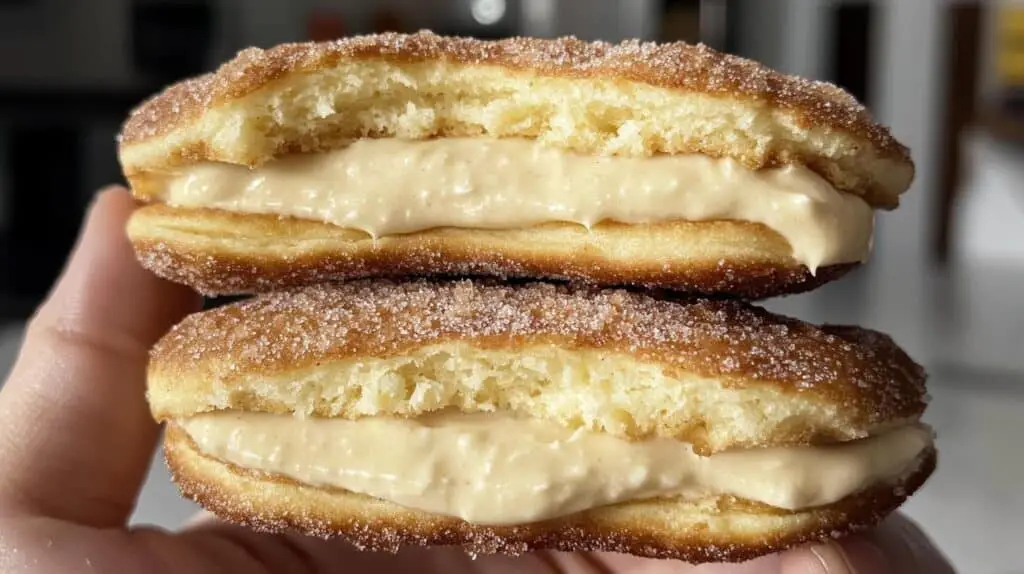Golden-brown Churro Cheesecake Donut Cookies coated in cinnamon sugar, with a creamy cheesecake filling oozing from the center.