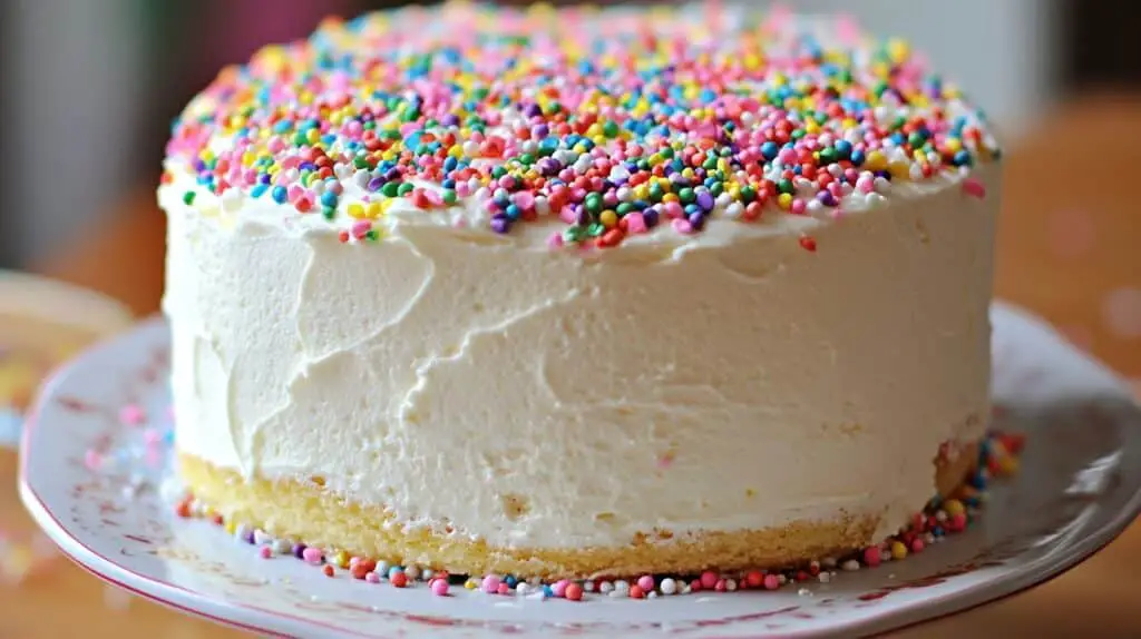 A beautifully frosted Confetti Celebration Cake topped with rainbow sprinkles and piped vanilla buttercream swirls on a white cake stand.