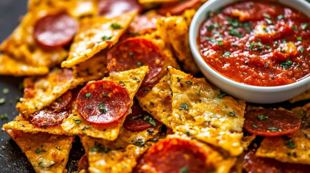 Golden, crispy pizza chips with melted cheese, pepperoni, and herbs served on a plate with marinara dipping sauce.