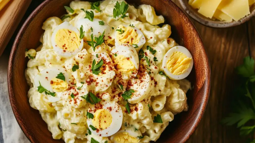 A bowl of creamy Deviled Egg Pasta Salad garnished with paprika and fresh herbs, served on a rustic wooden table.