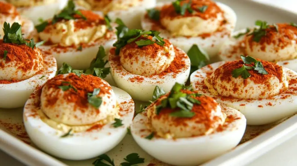 A platter of devilled eggs topped with paprika and fresh herbs, arranged on a white serving dish.