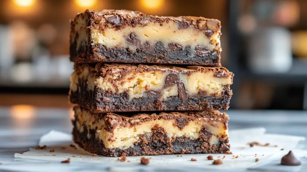 A close-up of freshly baked Fudgy Chewy Brookies, featuring a rich, fudgy brownie layer and a golden, chewy chocolate chip cookie top