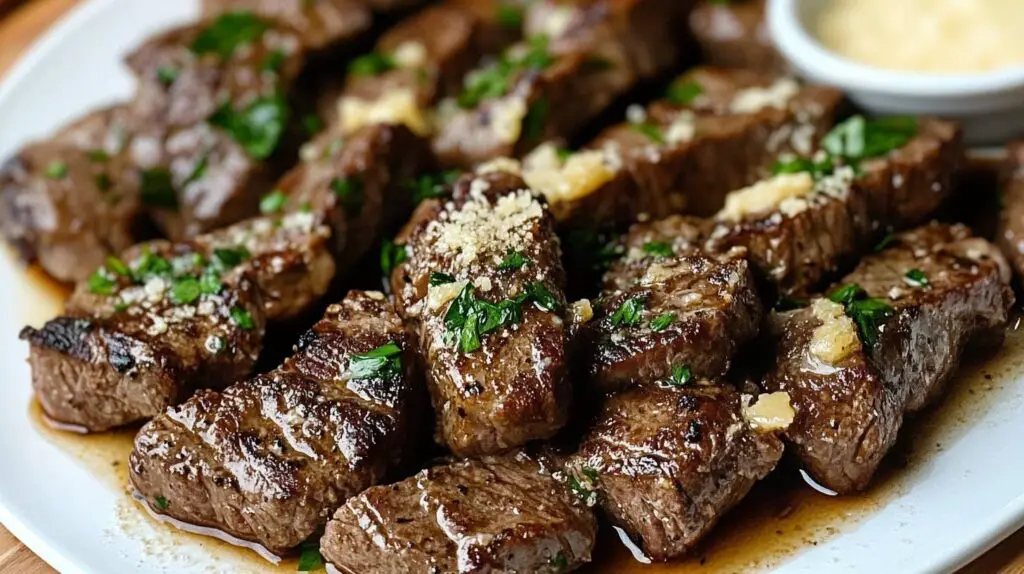 Juicy Garlic Parmesan Beef bites served on a plate, covered in a creamy garlic sauce with fresh parsley garnish