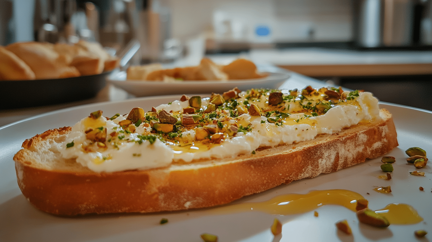 A crispy baguette slice topped with creamy goat cheese, chopped pistachios, and a drizzle of honey, garnished with fresh thyme