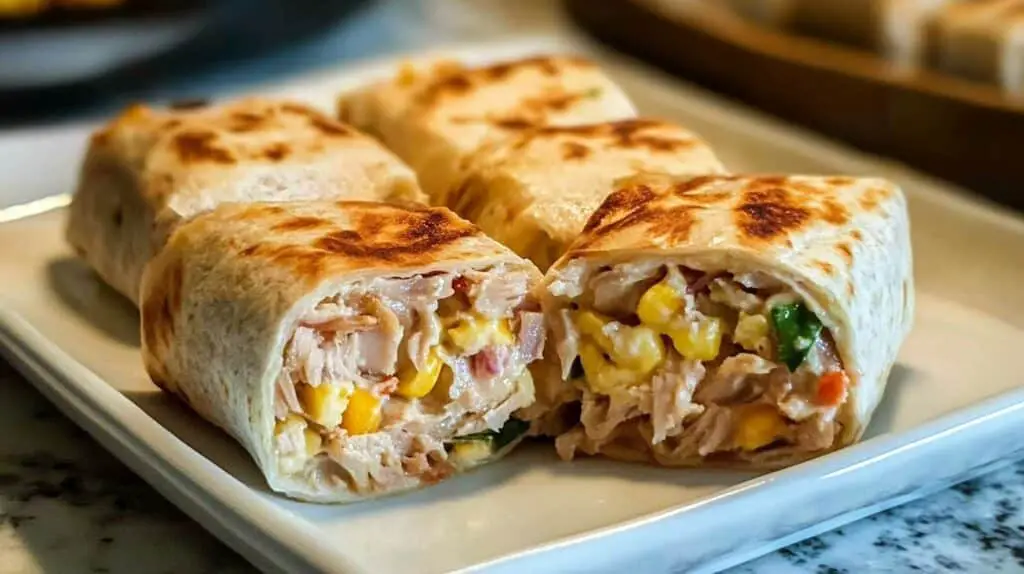 A golden-brown Healthy Tuna Melt Wrap sliced in half, revealing creamy tuna filling with melted cheese inside a whole wheat tortilla.