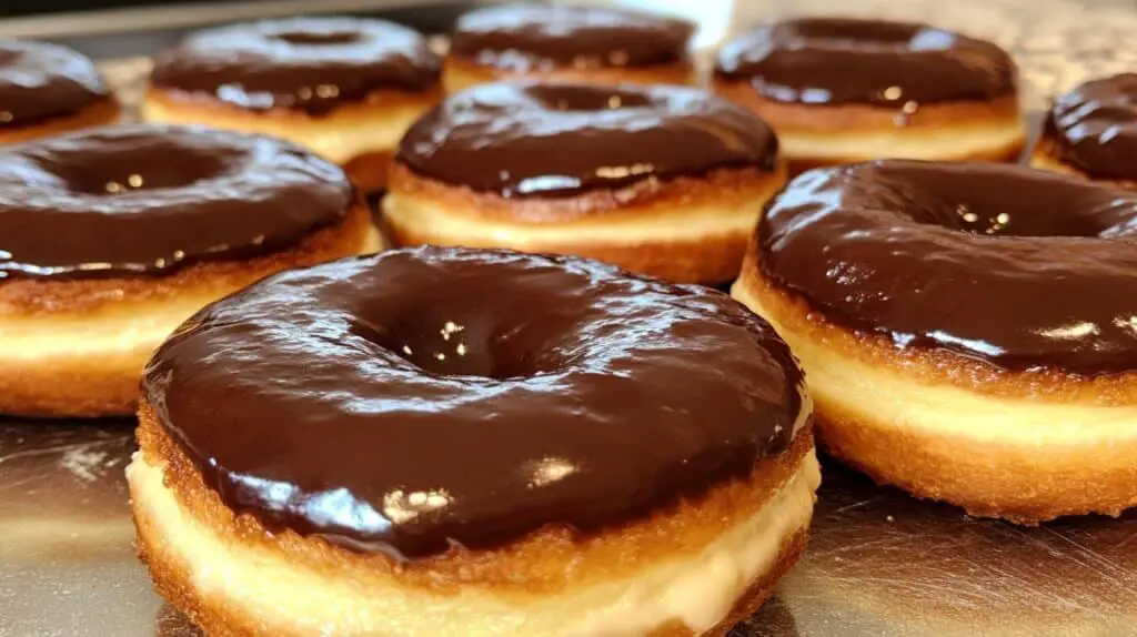 Homemade Boston Cream Doughnuts with silky pastry cream filling and glossy chocolate glaze on top