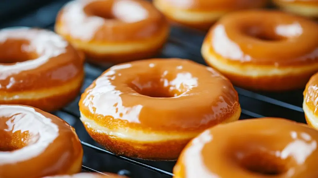 Fresh homemade Krispy Kreme doughnuts with shiny glaze, golden crust, and airy soft texture.