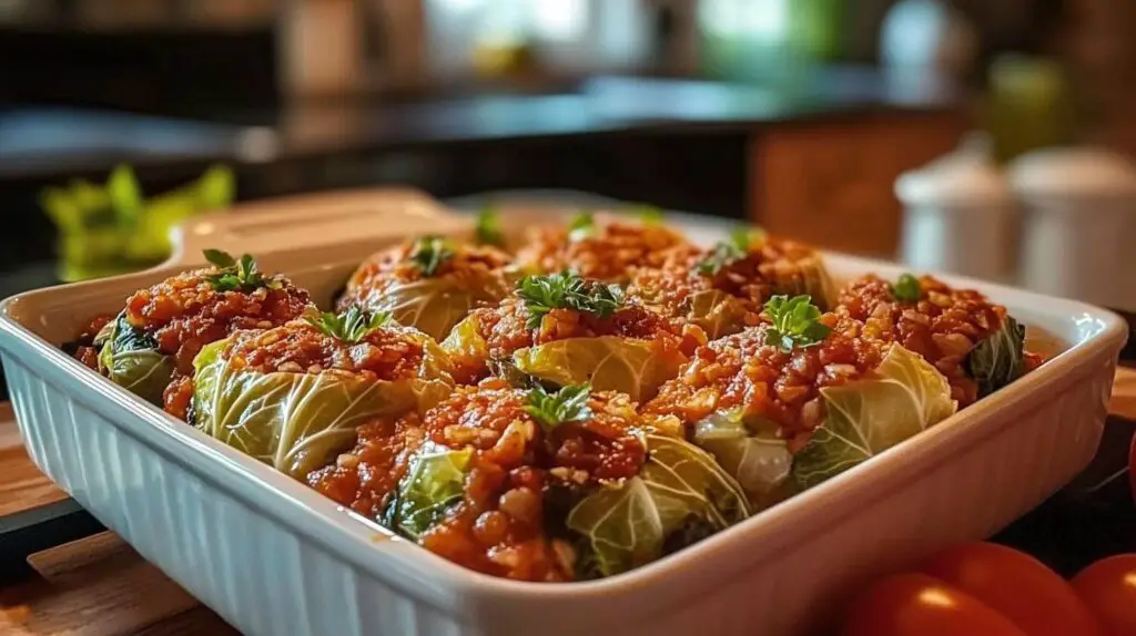 A plate of Italian Stuffed Cabbage Rolls covered in marinara sauce, topped with fresh basil and grated Parmesan cheese.
