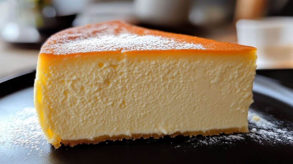 A slice of Japanese cotton cheesecake with a golden-brown top and a soft, fluffy interior, served on a black plate with a light dusting of powdered sugar.