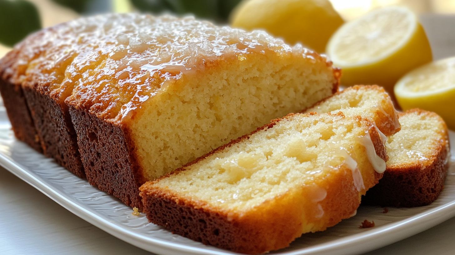 A golden, moist Lemon Bread topped with a glossy lemon glaze, served on a white plate with fresh lemon slices
