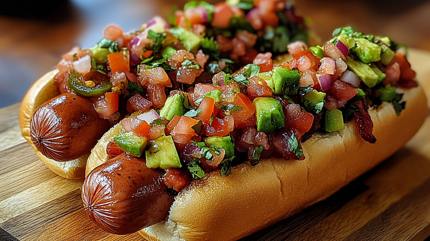 A freshly grilled bacon-wrapped Mexican hot dog topped with pico de gallo, jalapeños, and avocado, served in a bolillo bun.