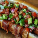 A freshly grilled bacon-wrapped Mexican hot dog topped with pico de gallo, jalapeños, and avocado, served in a bolillo bun.