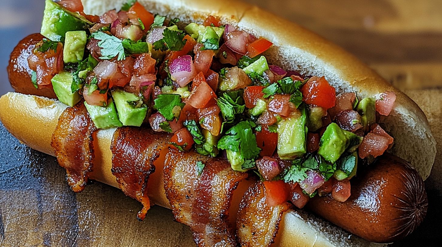 A freshly grilled bacon-wrapped Mexican hot dog topped with pico de gallo, jalapeños, and avocado, served in a bolillo bun.