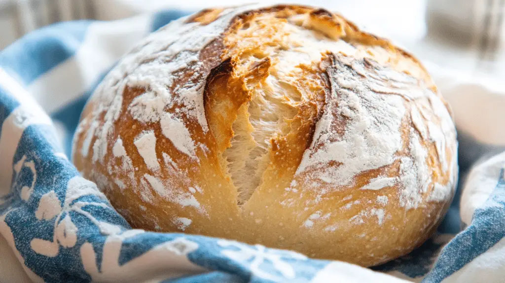 Freshly baked sourdough bread boule with golden crust, sliced open revealing airy crumb texture