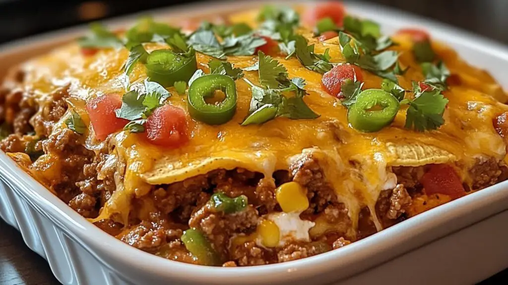 A freshly baked Walking Taco Casserole in a dish, topped with melted cheese, fresh tomatoes, and crispy Fritos.