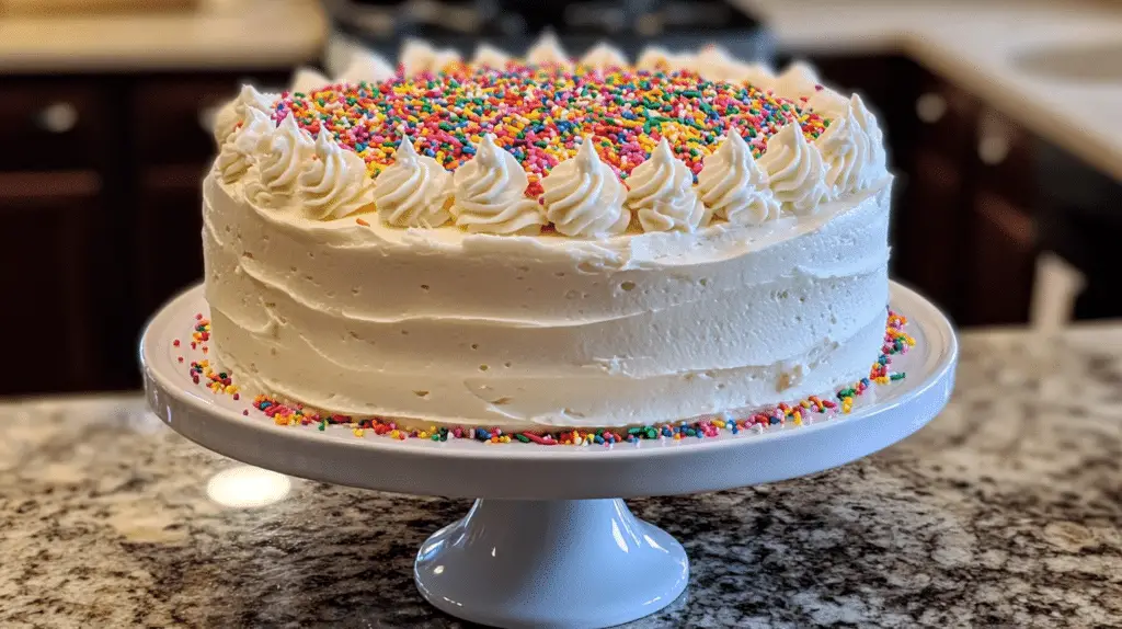 Colorful slice of homemade Funfetti Cake with sprinkles