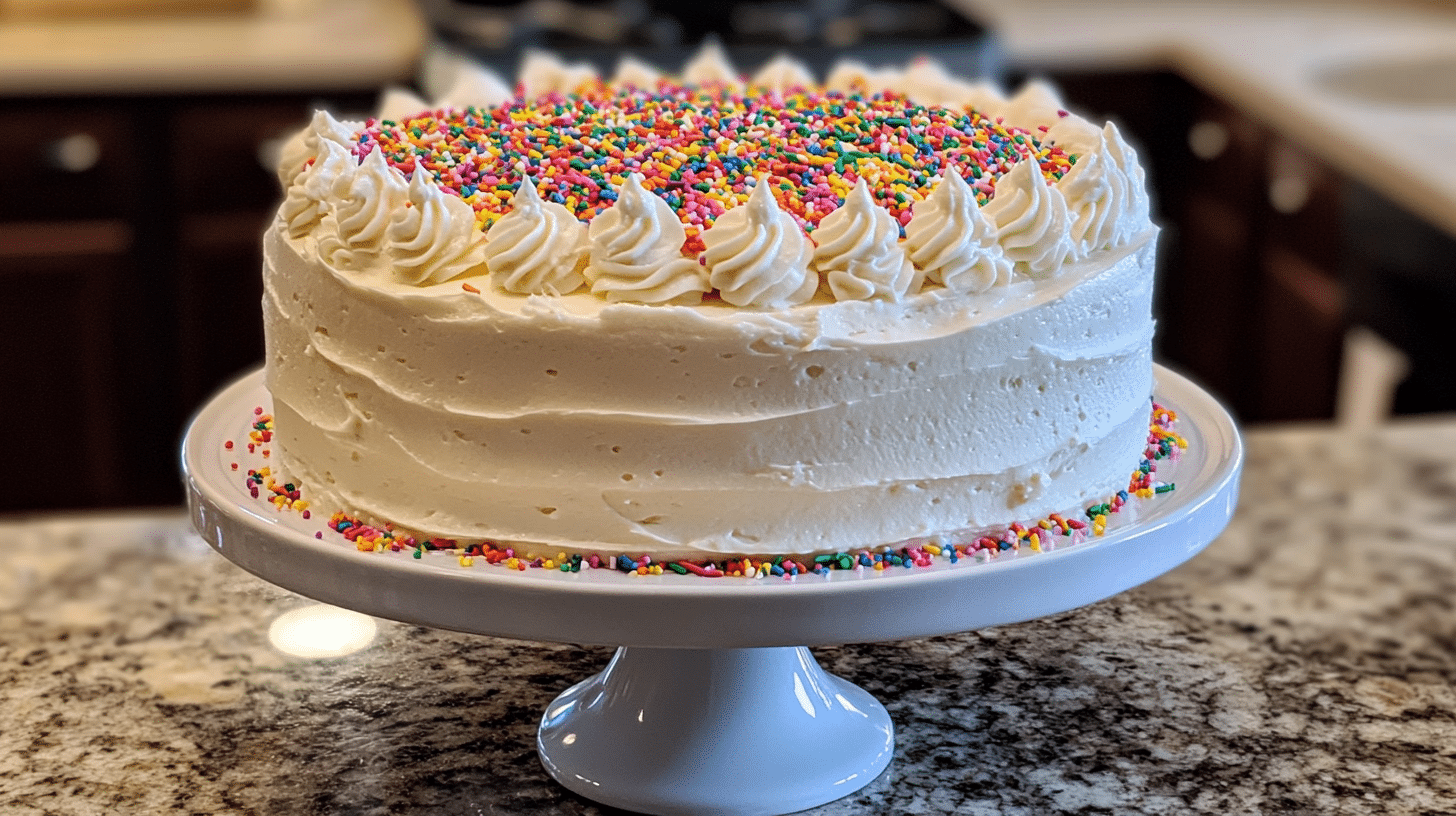 Colorful slice of homemade Funfetti Cake with sprinkles