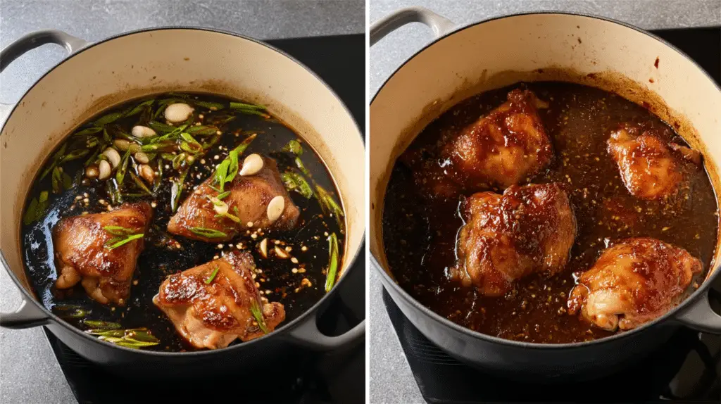 Chicken thighs braising in a soy-based garlic and ginger sauce, shown before and after cooking in a Dutch oven.