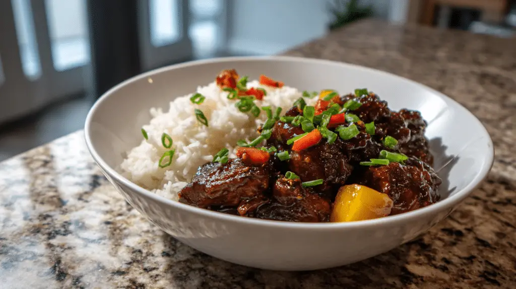 Hawaiian Style Shoyu Chicken served in a bowl with steamed white rice and garnished with chopped scallions and red bell peppers.
