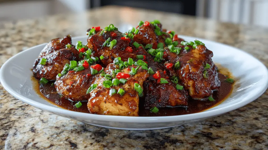 Hawaiian Style Shoyu Chicken served on a white plate, glazed in a rich soy-based sauce and topped with chopped green onions and red chili.
