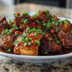 Hawaiian Style Shoyu Chicken served on a white plate, glazed in a rich soy-based sauce and topped with chopped green onions and red chili.