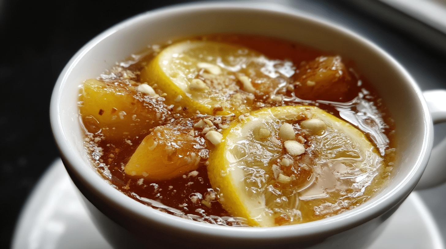 Close-up of a warm detox drink with lemon slices, citrus chunks, ginger, and crushed nuts, part of the Natural Mounjaro Recipe.
