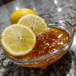 Close-up of a warm detox drink with lemon slices, citrus chunks, ginger, and crushed nuts, part of the Natural Mounjaro Recipe.
