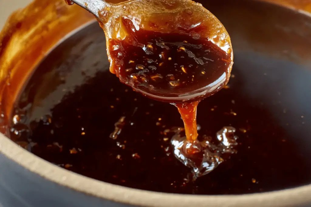 Thickened soy-based sauce clinging to a wooden spoon, showing its glossy and rich texture in a saucepan.