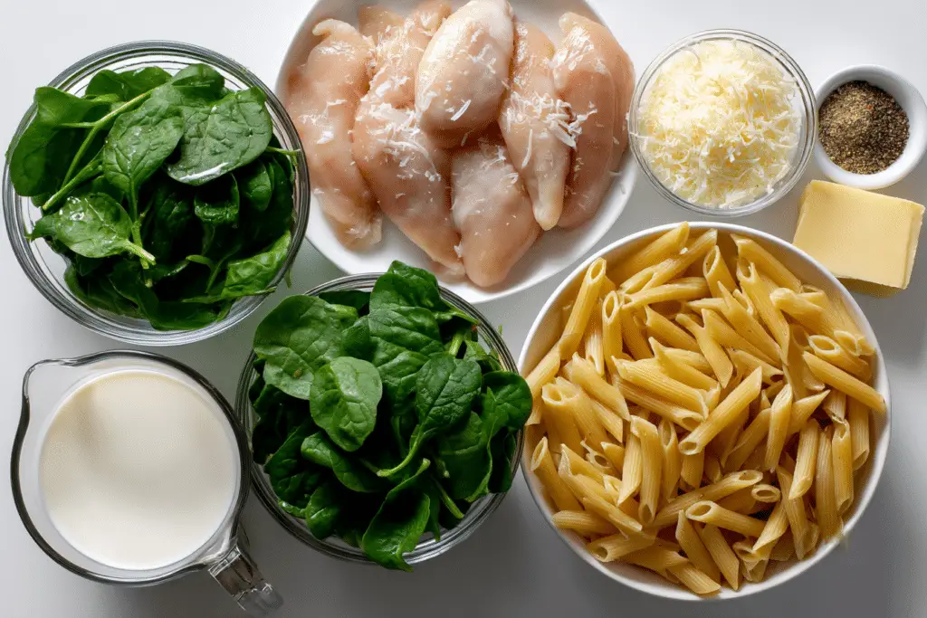Fresh ingredients for creamy Tuscan chicken pasta including raw chicken, penne, spinach, cream, butter, cheese, and spices.
