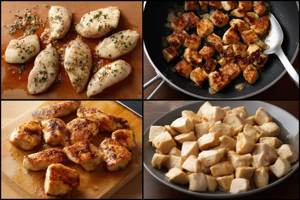 Step-by-step process of cooking chicken for creamy Tuscan chicken pasta, from raw to seared and cubed.