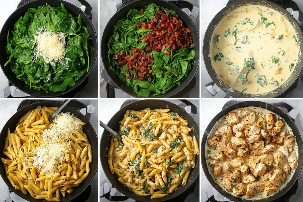 Step-by-step visual guide of cooking creamy Tuscan chicken pasta, showing spinach, bacon, cream sauce, pasta, and cooked chicken being combined.