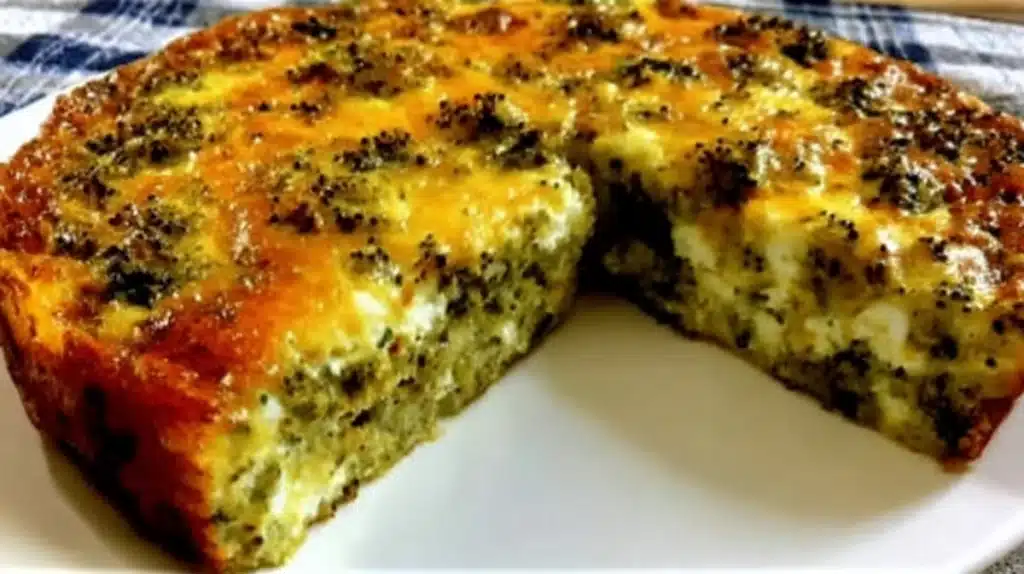 Golden brown broccoli cheddar crustless quiche on a plate