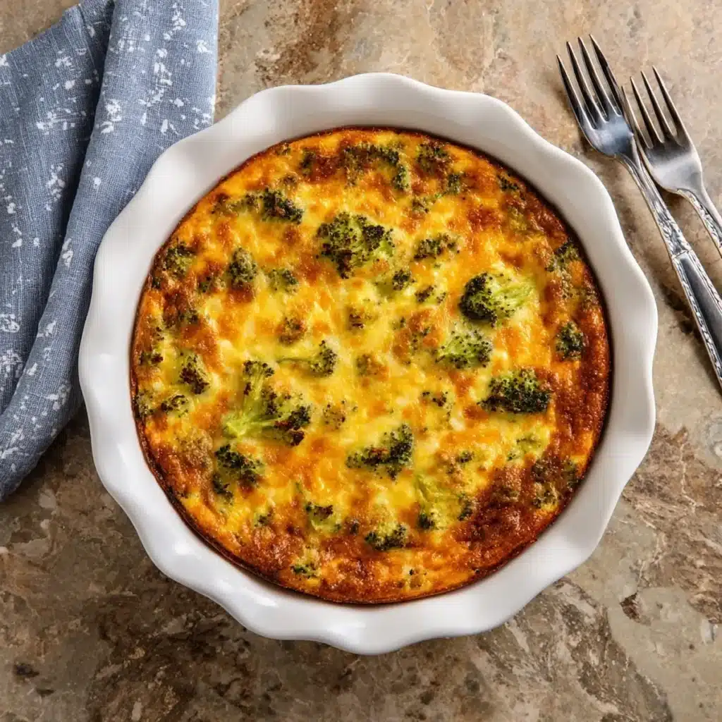 Freshly baked broccoli cheddar crustless quiche in a white pie dish