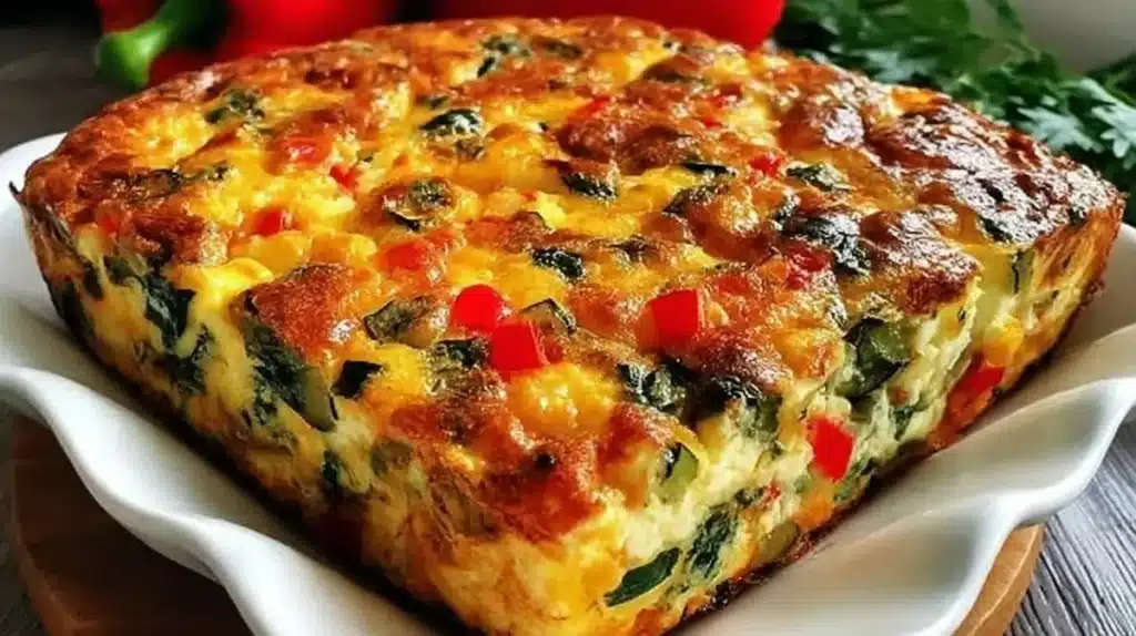 Cottage Cheese Veggie Bake in white baking dish fresh from oven