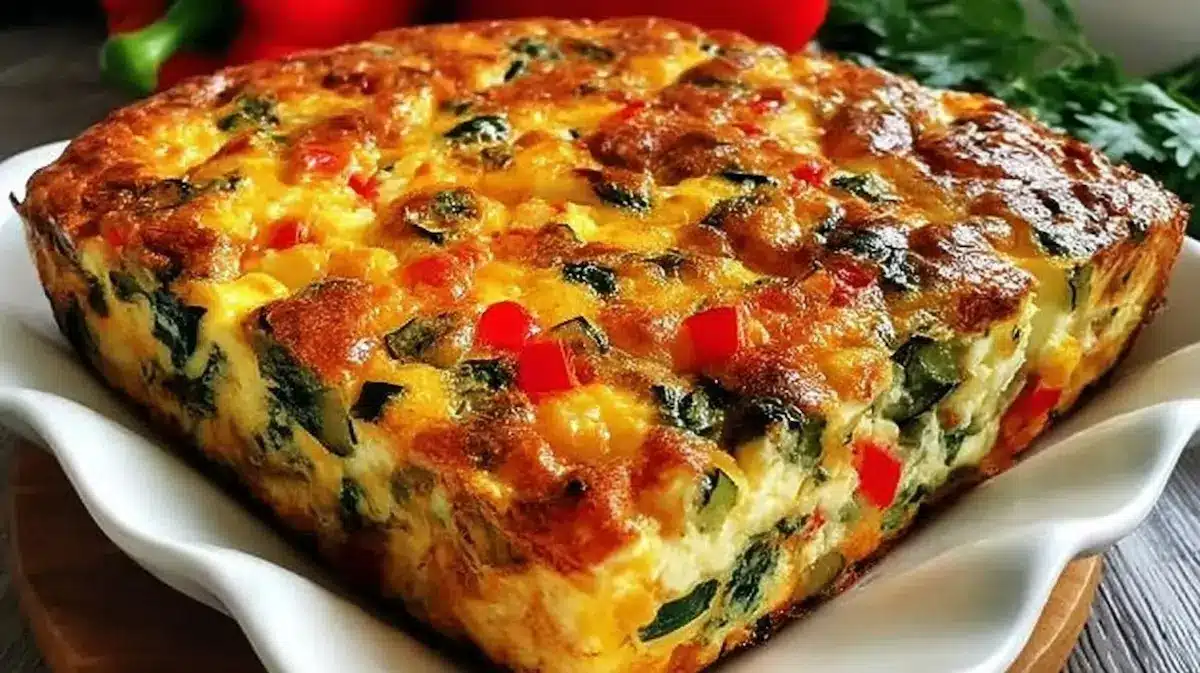 Cottage Cheese Veggie Bake in white baking dish fresh from oven