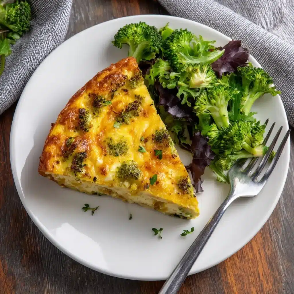 Slice of broccoli cheddar quiche on a plate