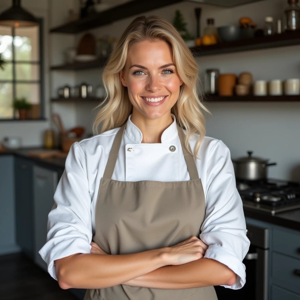 Smiling blonde female chef in a modern kitchen wearing a white chef coat and beige apron
