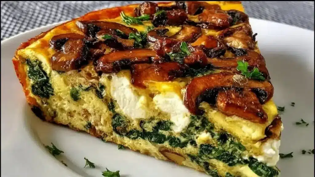 Close-up of mushroom and spinach crustless quiche slice on plate