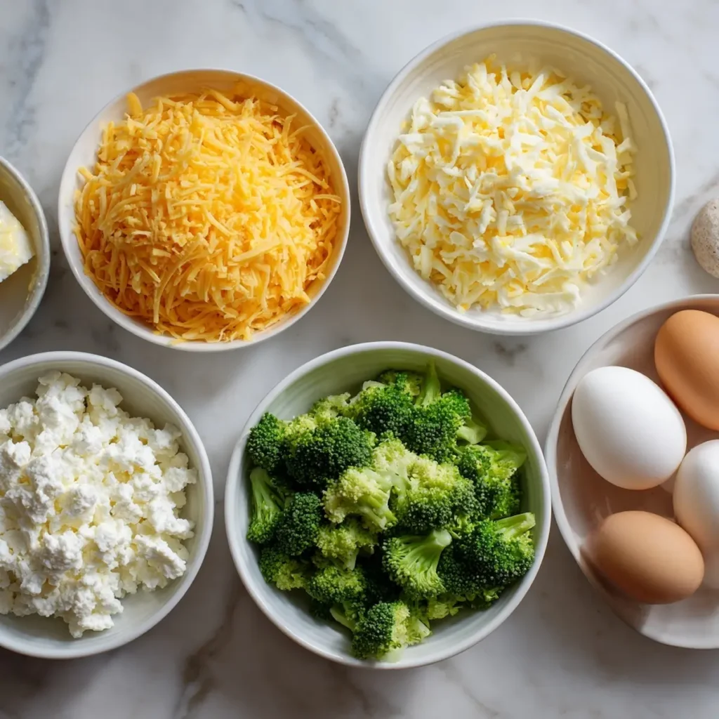 Broccoli, cheese, and eggs prepped for crustless quiche