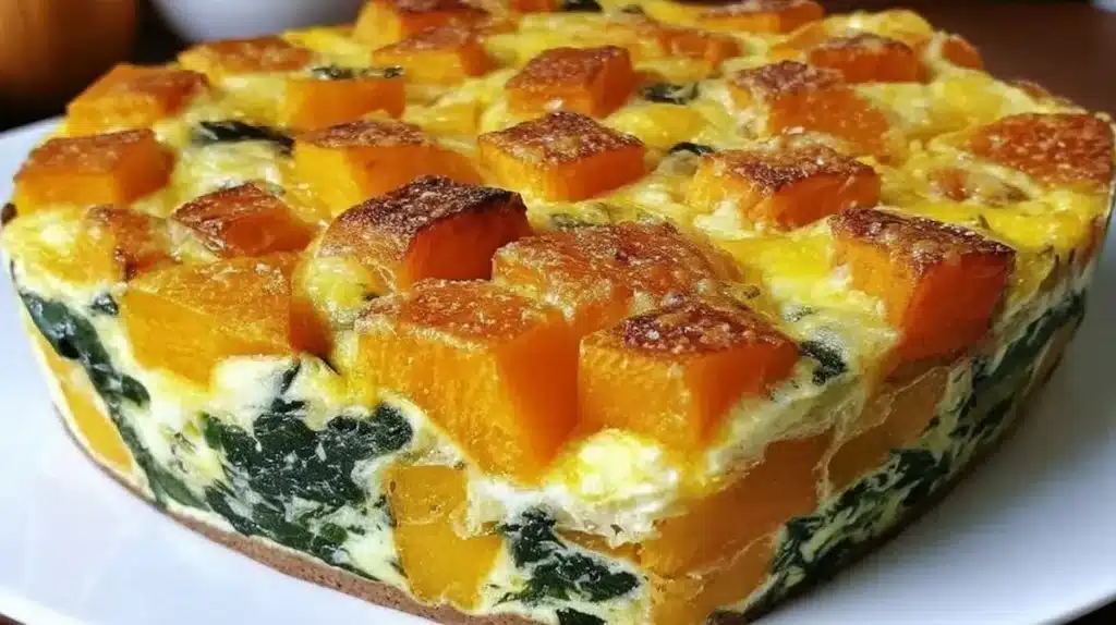 Close-up of sweet potato and spinach bake with golden cheesy layers