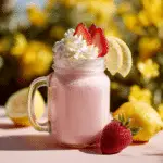 Whipped pink lemonade in mason jar with cream and fruit