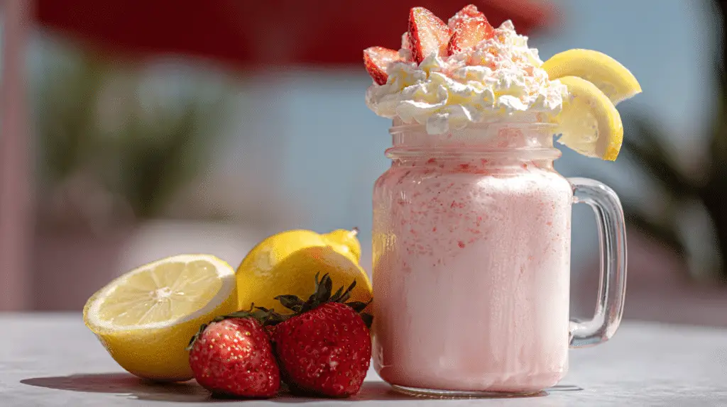 Whipped pink lemonade in mason jar with cream and fruit