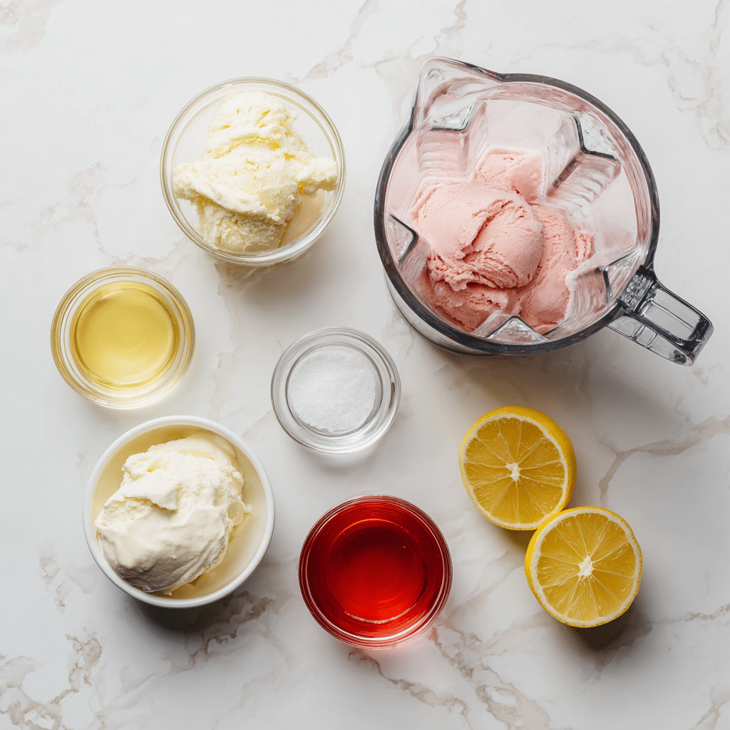 Ingredients for whipped pink lemonade on kitchen counter